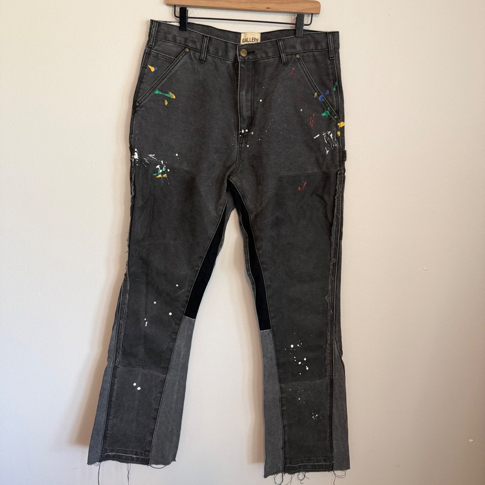 Gallery Dept Carpenter Flare jeans paint splatter raw hem 34 utility denim black